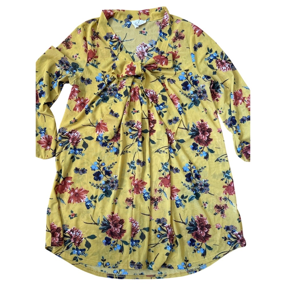 Ember Women Yellow Floral Tie Neck Tunic Top 3/4 Sleeve Boho Blouse ST5126 S